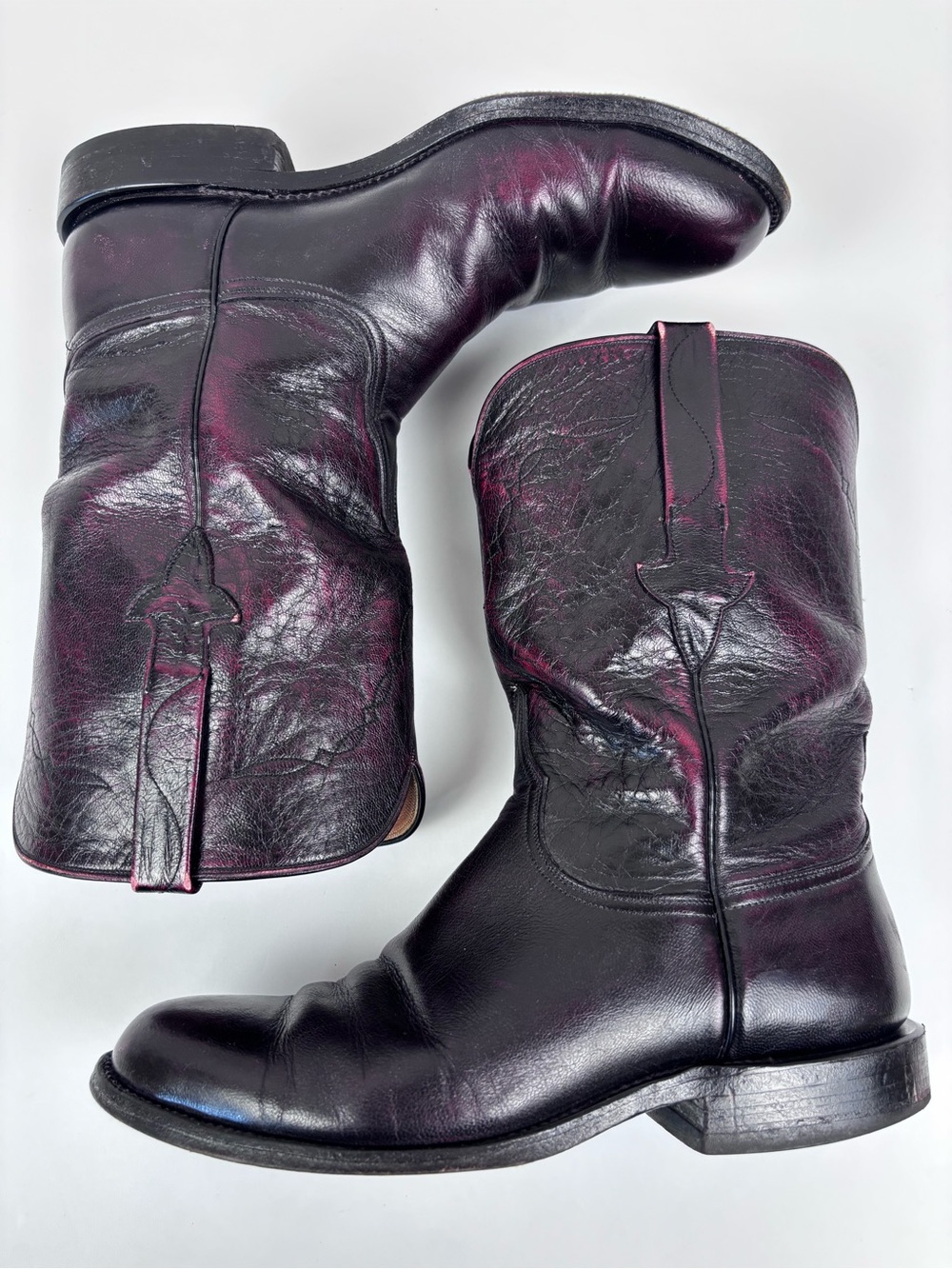 Vintage Lucchese Leather Cowboy Western Roper Boots P0134 Black Cherry Sz 8E - Picture 10 of 15